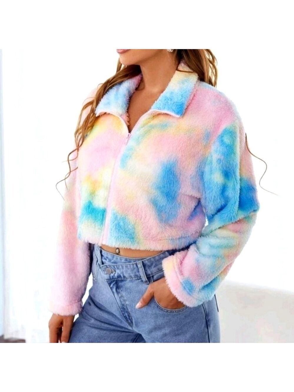 Unicorn Tie Dye Teddybear Jacket Cropped Full Zip Fuzzy Fleece Cozycore Small